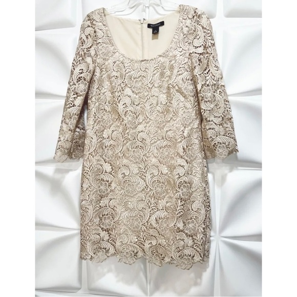 White House Black Market Sz 6 Champagne Beige Crochet Lace Sheath Formal Dress - Picture 3 of 8
